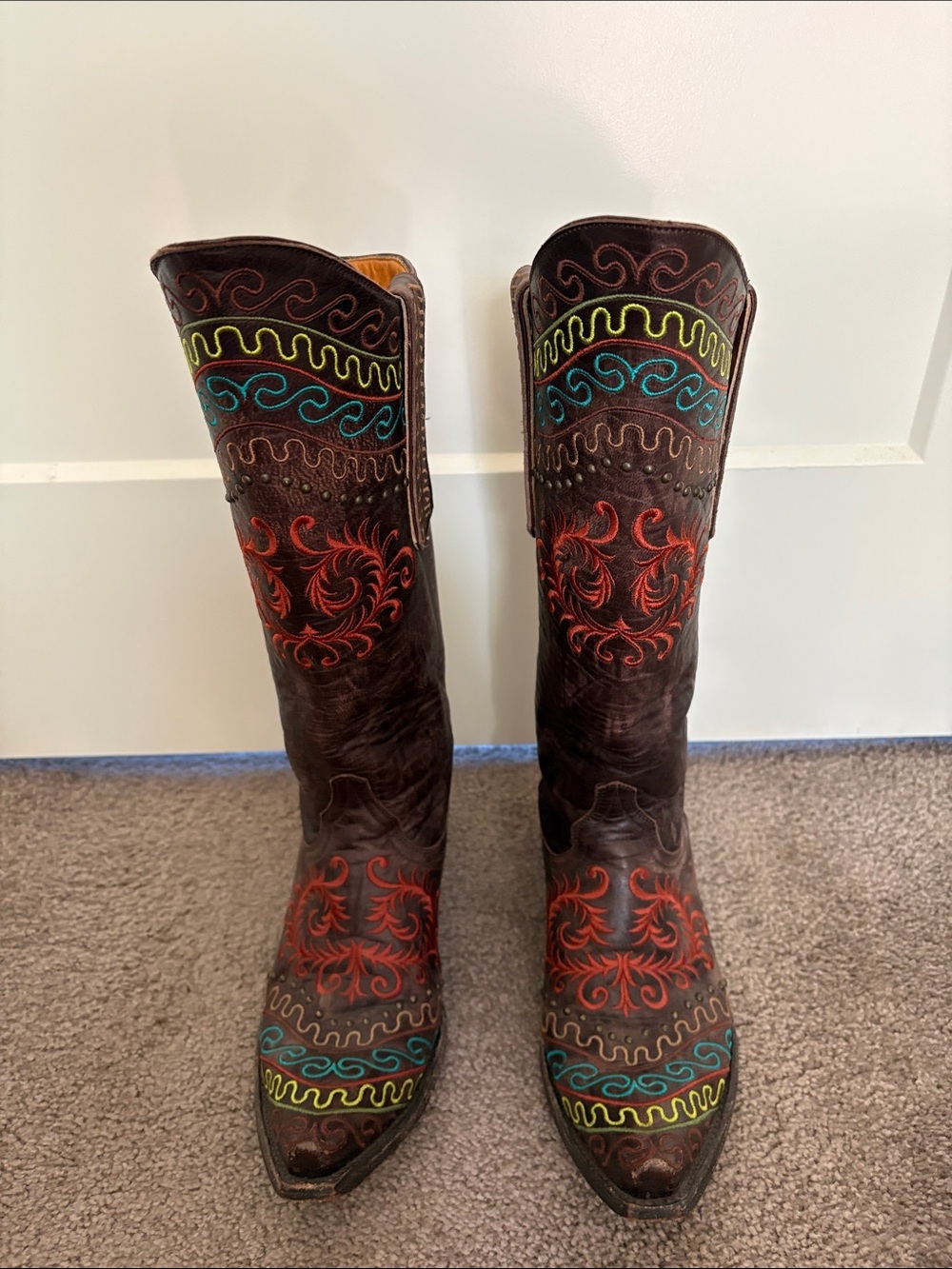 Old Gringo Brown Leather Zarapa Heeled Boots with Multicolor Embroidery & studs